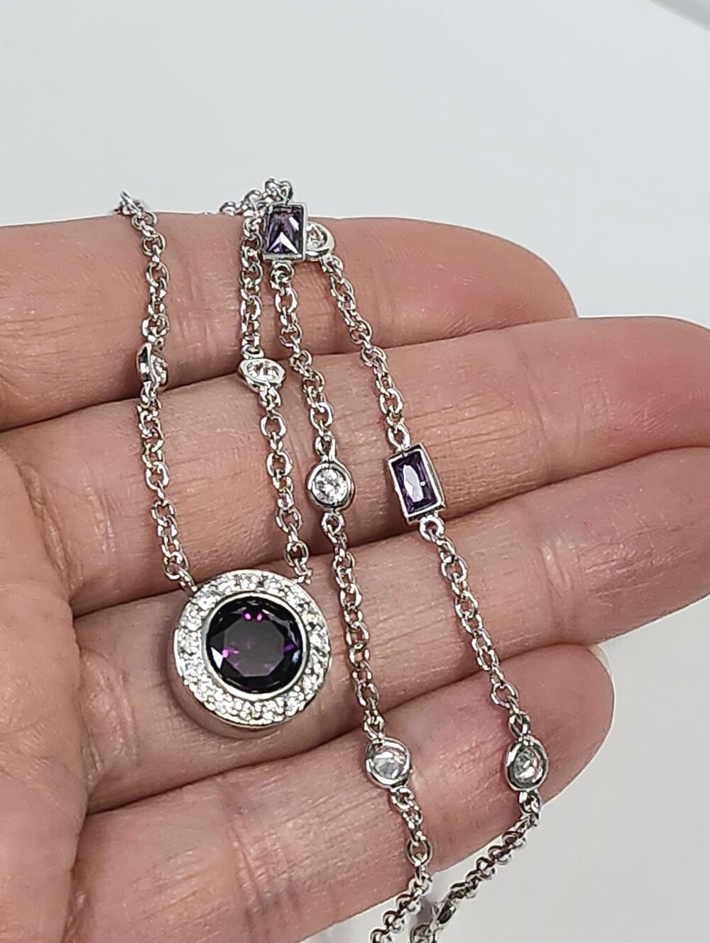 Sterling Silver Amethyst cz Pendant Stationery Necklace 16" - Picture 4 of 9